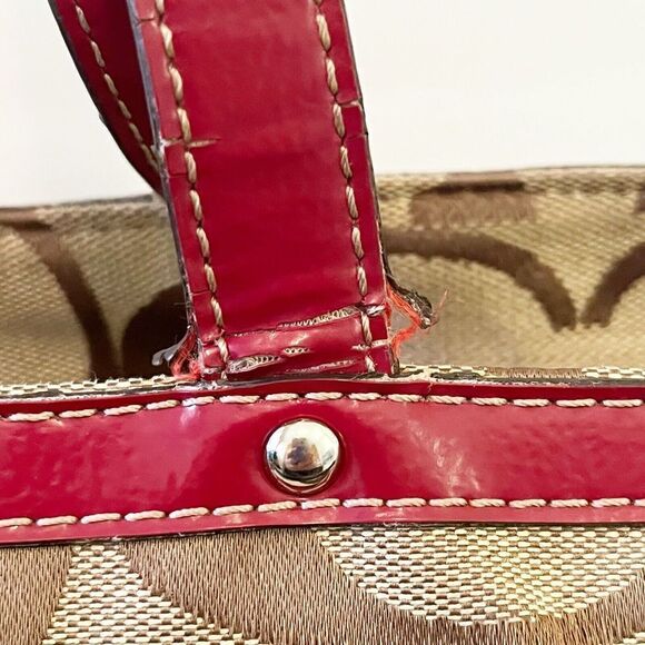 Coach Khaki Signature Cherry Red Tote Bag Handbag Weekender F17443 Patent Large - Picture 13 of 16